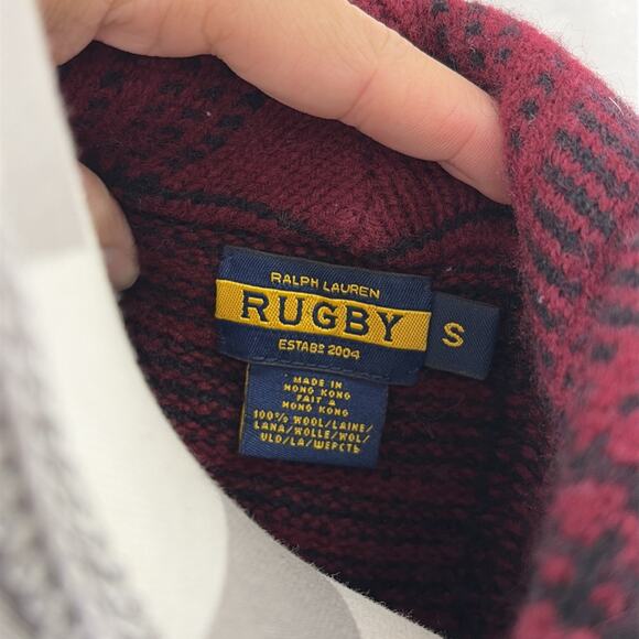 Ralph Lauren Rugby Shawl Collar Cardigan Jacket 2000s Maroon & Black Small Chrty - Picture 4 of 13
